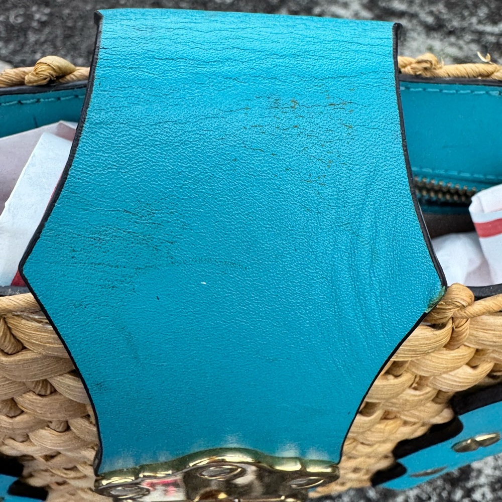 Michael Kors Straw Woven Tote Bag Turquoise Leather Gold Chain Small Summer Bag - Picture 9 of 14